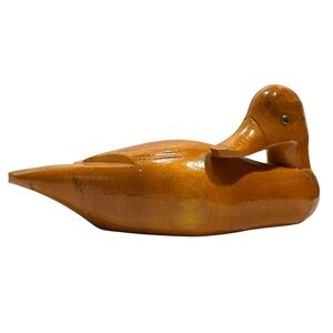 Vintage 1970s Hand Carved Solid Wood Duck Decoy Glass Eyes - Rustic MCM